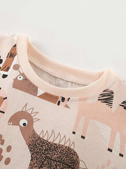 Children's round-neck animal print tee, tan collar trim