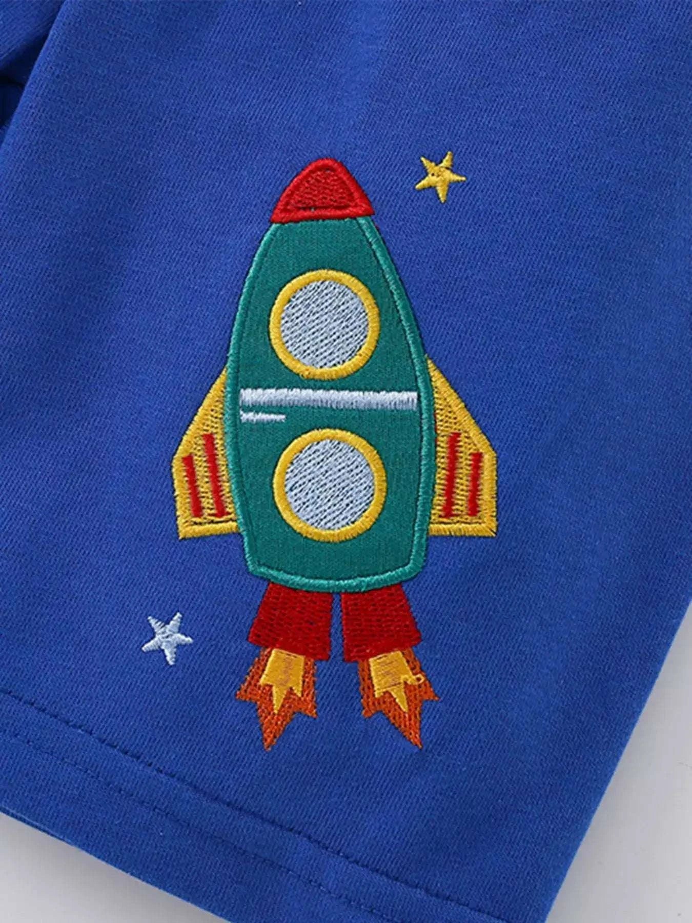 Blue kids shorts with rocket ship applique and star details