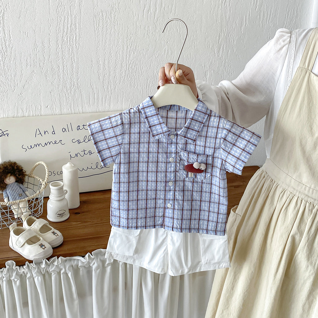 Summer New Infant and Toddler 3D Cartoon Checkered Short-Sleeve Shirt with Lightweight Work-Style Shorts Two-Piece Set