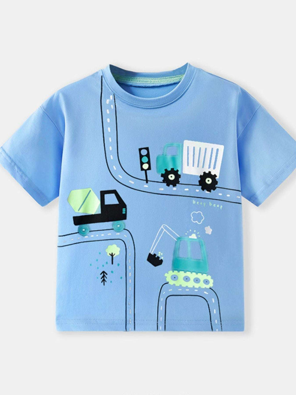 Sky blue kids short-sleeve T-shirt, crew neck, with construction vehicle graphic