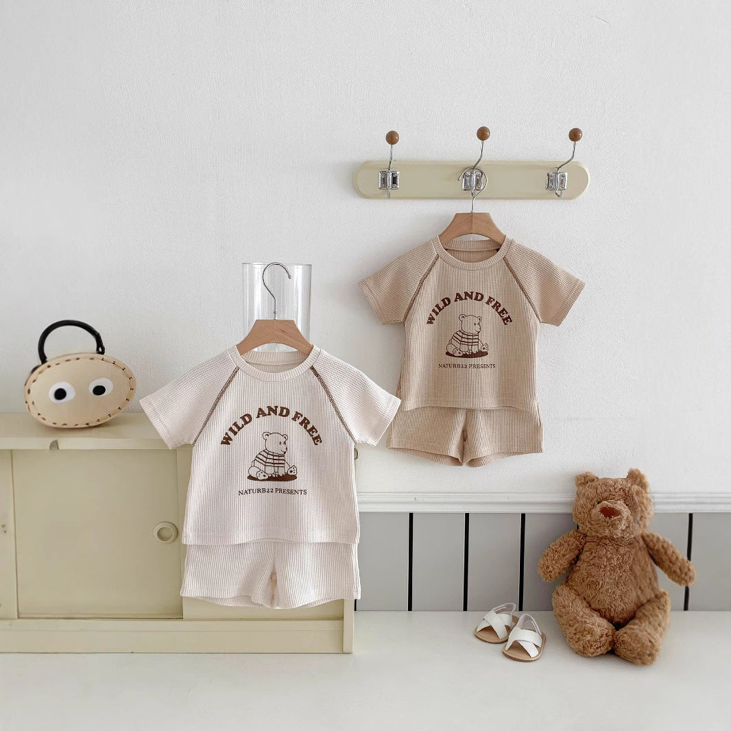 Infant and Toddler Clothes Set - Baby Summer Casual Waffle Knit Short Sleeve T-Shirt and Shorts Two-Piece Set