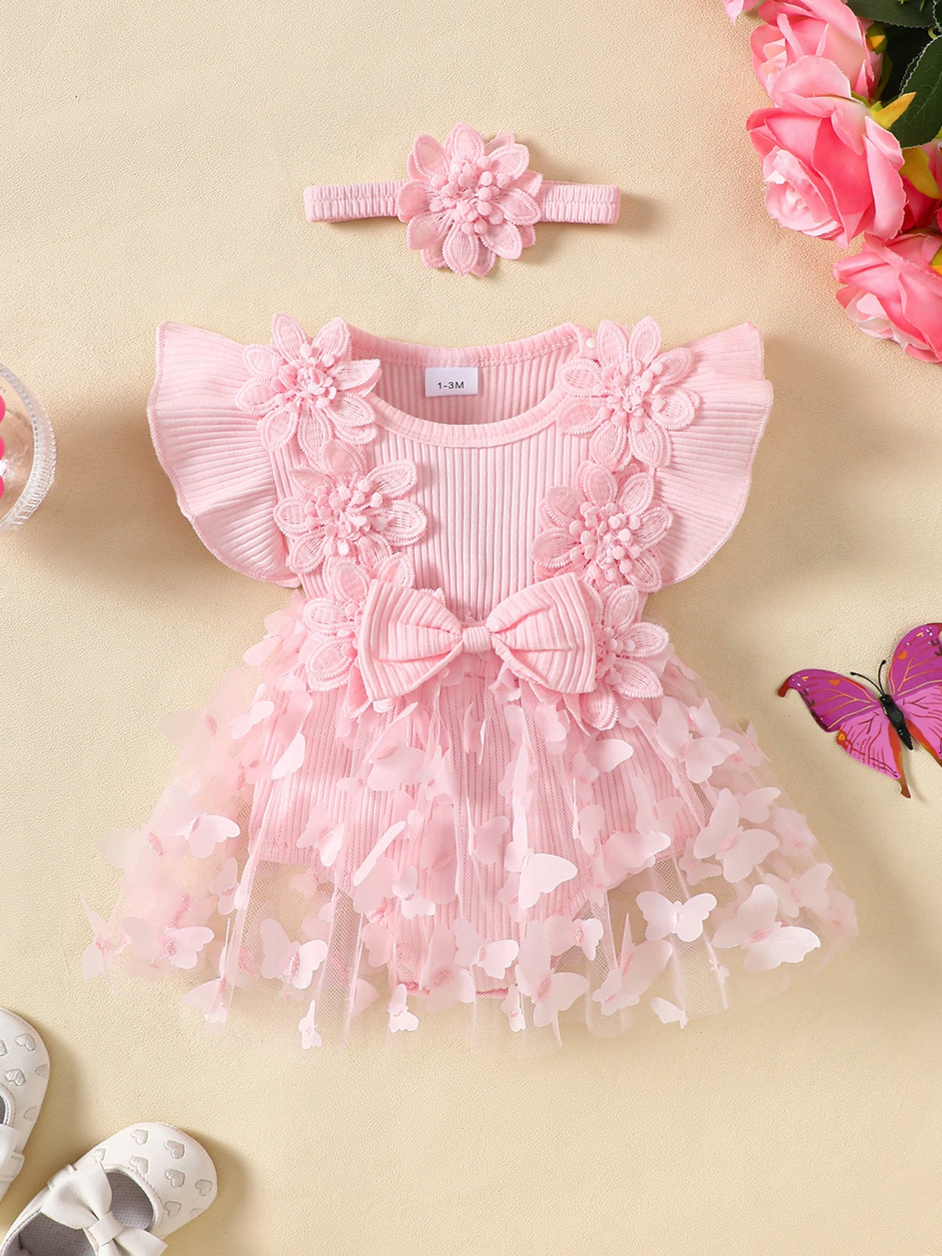 Cute Mesh Baby Romper Summer Sleeveless Ribbed Onesie with 3D Butterfly Design