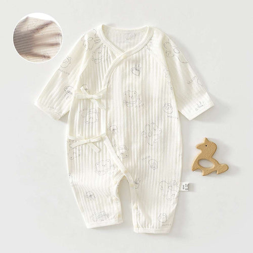 Baby footed pajama romper, white with striped fabric and small animal-face prints
