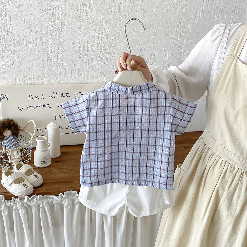 Summer New Infant and Toddler 3D Cartoon Checkered Short-Sleeve Shirt with Lightweight Work-Style Shorts Two-Piece Set