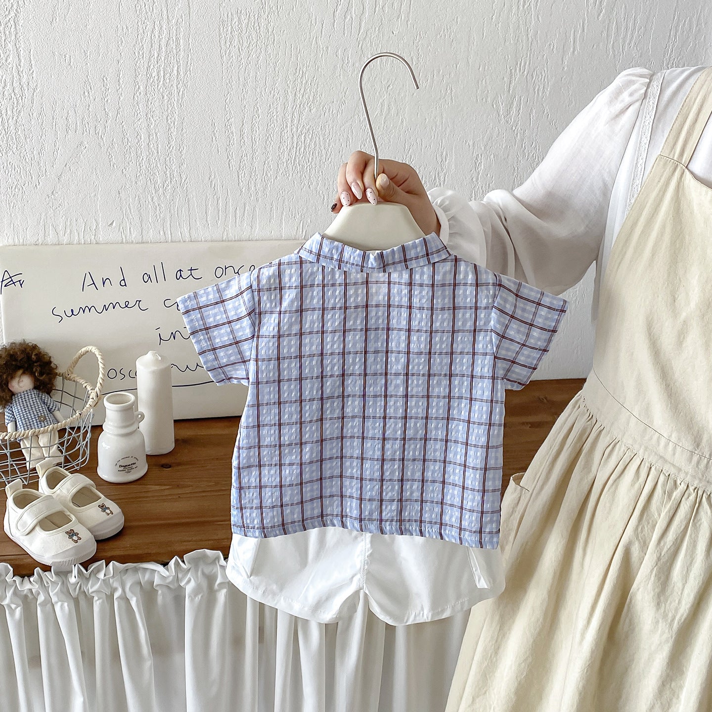 Summer New Infant and Toddler 3D Cartoon Checkered Short-Sleeve Shirt with Lightweight Work-Style Shorts Two-Piece Set