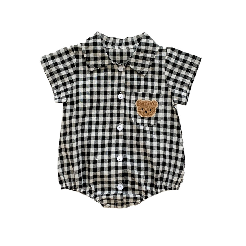 Summer Boy's Gentleman Collar Romper with Plaid Bear Pattern Lightweight Baby Onesie