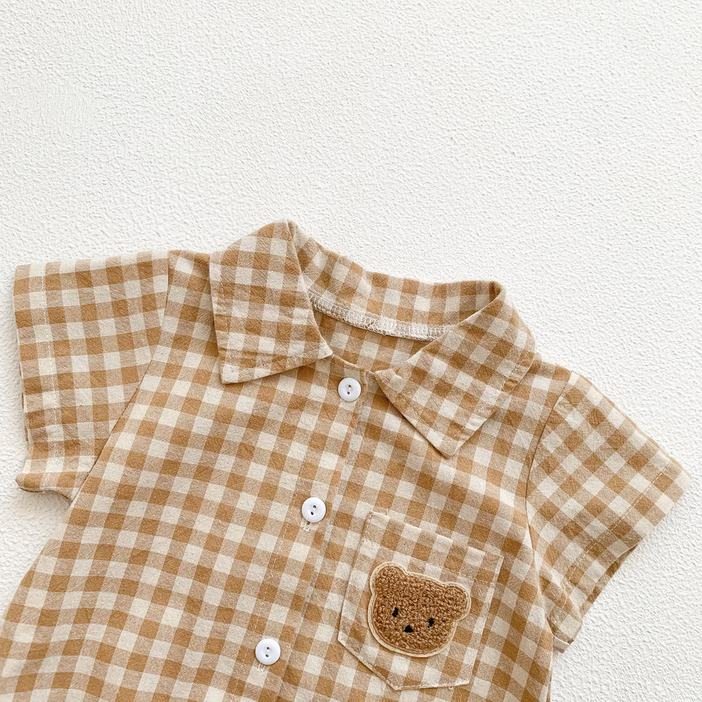 Summer Boy's Gentleman Collar Romper with Plaid Bear Pattern Lightweight Baby Onesie