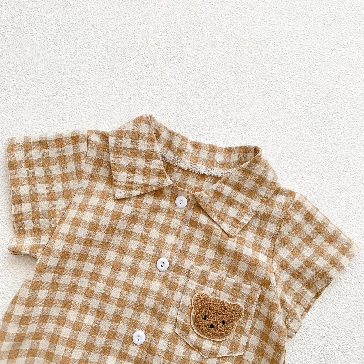 Summer Boy's Gentleman Collar Romper with Plaid Bear Pattern Lightweight Baby Onesie