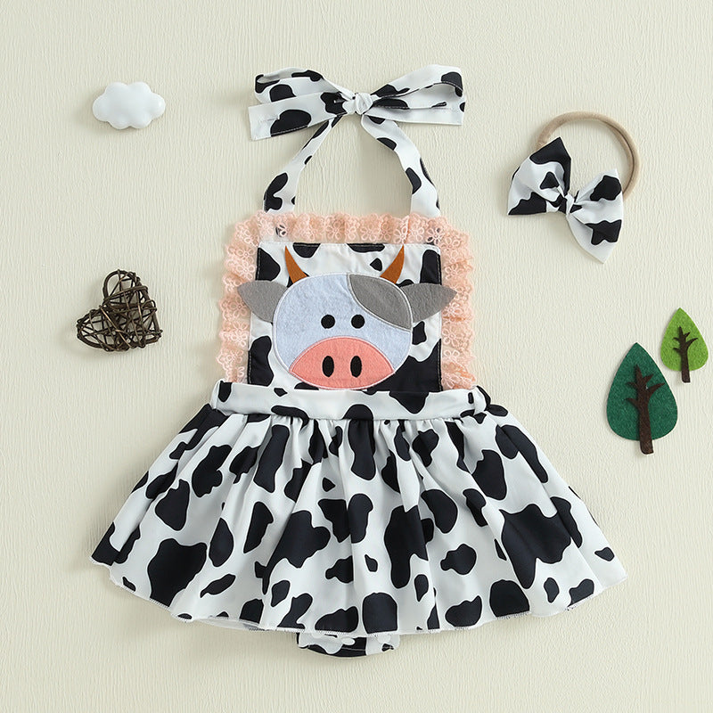 Cute Baby Cow Print Halter Bodysuit with Cow Applique, Lace Trim Skirt + Headband