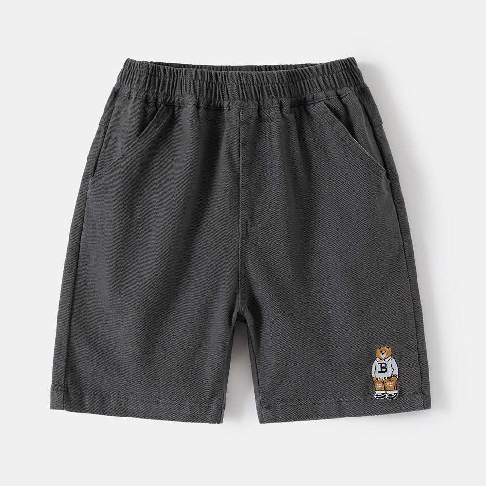 Charcoal boys casual shorts with elastic waistband and cartoon patch embroidery on hem
