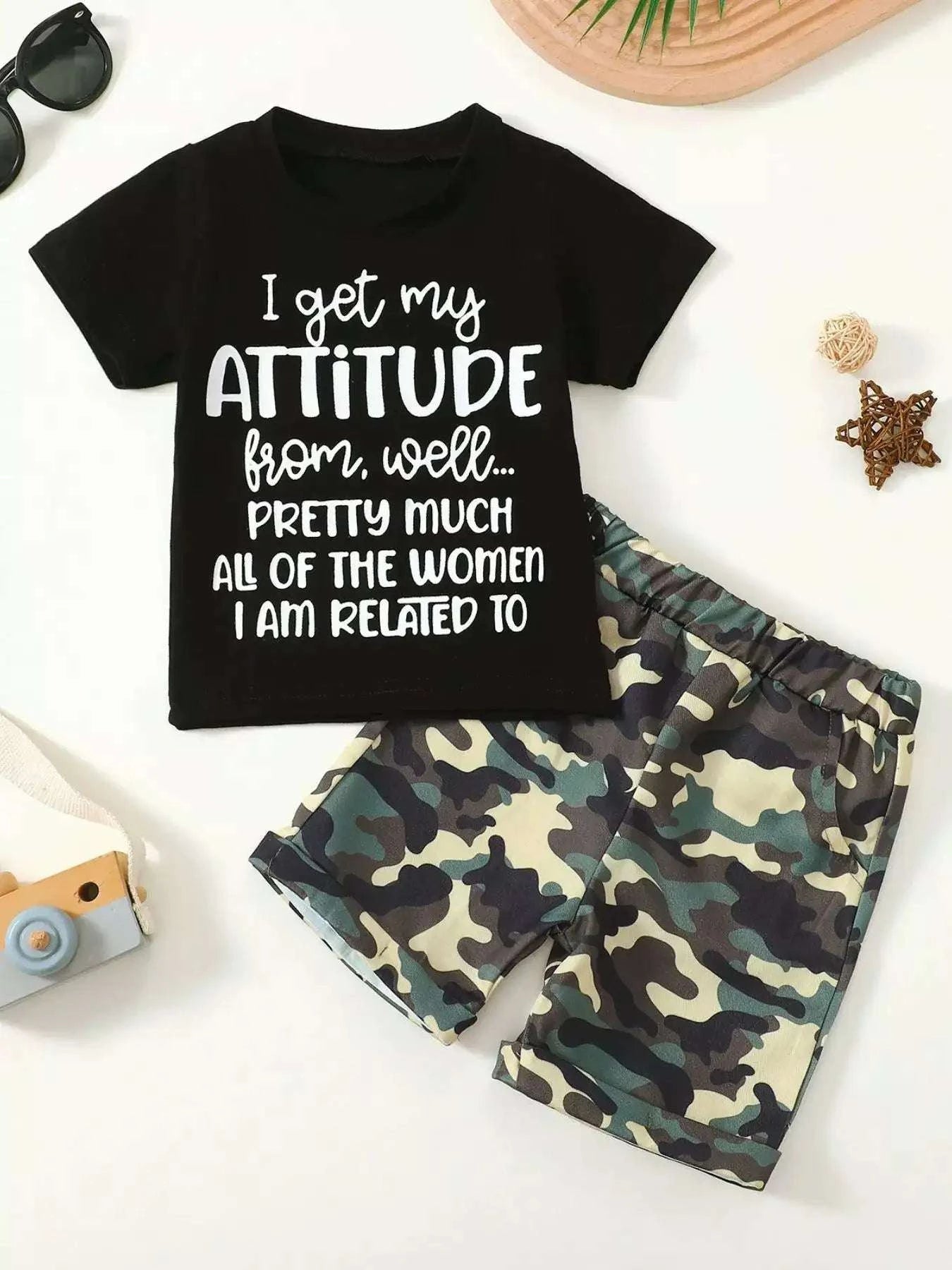 Kids black graphic tee and camouflage shorts set, "I get my ATTITUDE" text