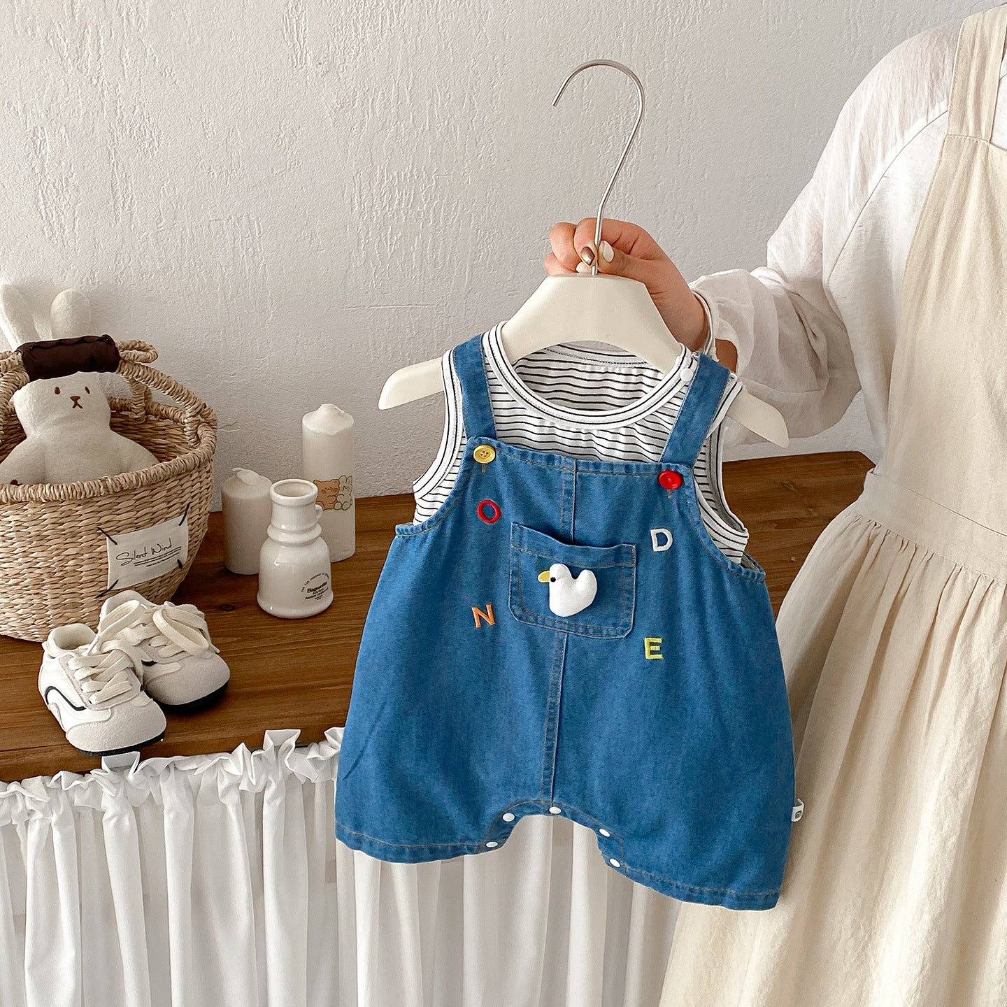 Summer New Baby 3D Cartoon Overalls Set, Baby Striped Vest Bodysuit Two-Piece Set