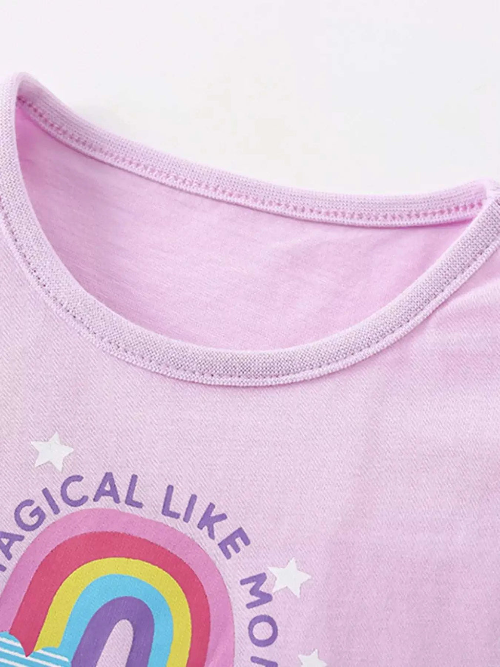 Pink kids unicorn T-shirt, crew neck and rainbow print