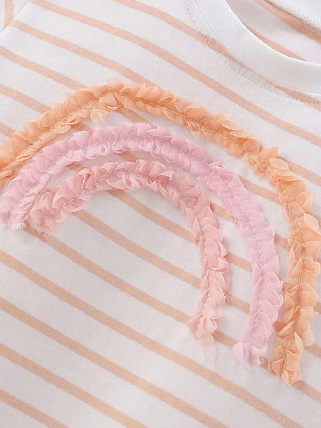 Blush pink striped kids tee with layered ruffle trim at neckline