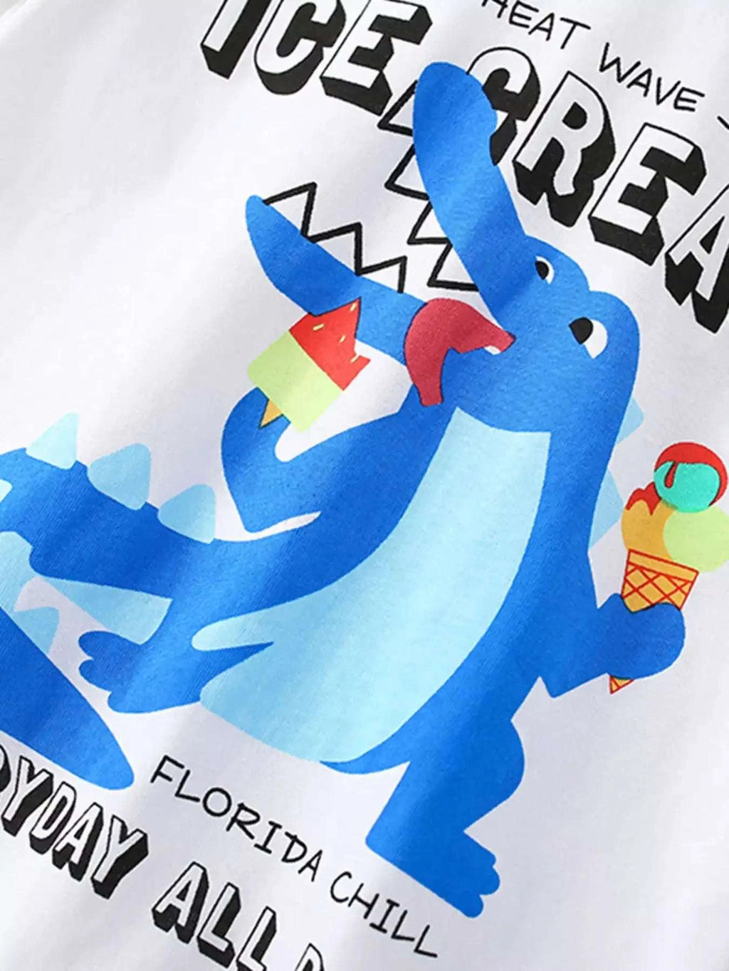 Kids set top and shorts in white with blue cartoon dinosaur and ice cream print