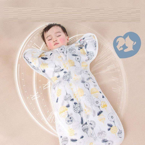 Baby cotton sleeping bag, white with blue animal and star print, zip-front sleeping sack