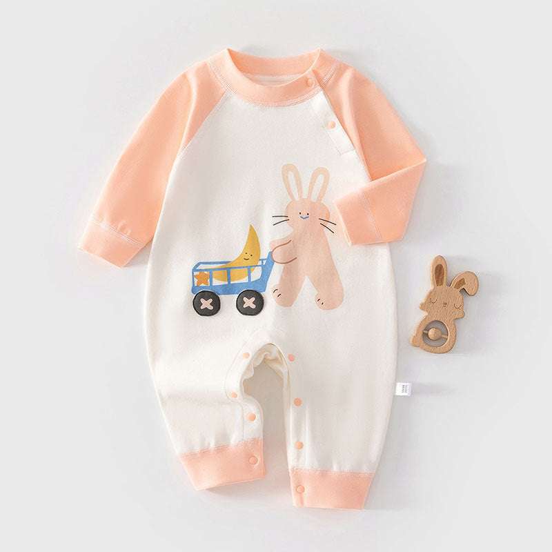 Peach and white baby romper with bunny and small animal graphic, snap-button legs