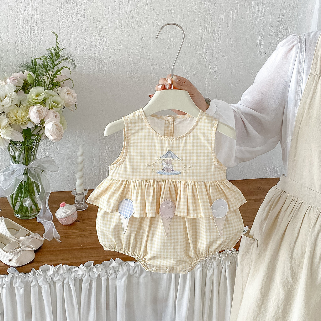 Cute Cartoon Checkered Sleeveless Romper for Baby GirlsFashionable Breathable Onesie