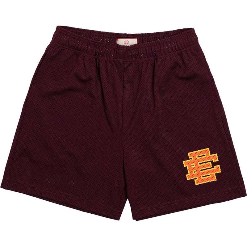 Boys burgundy mesh sports shorts with elastic waist and embroidered side logo