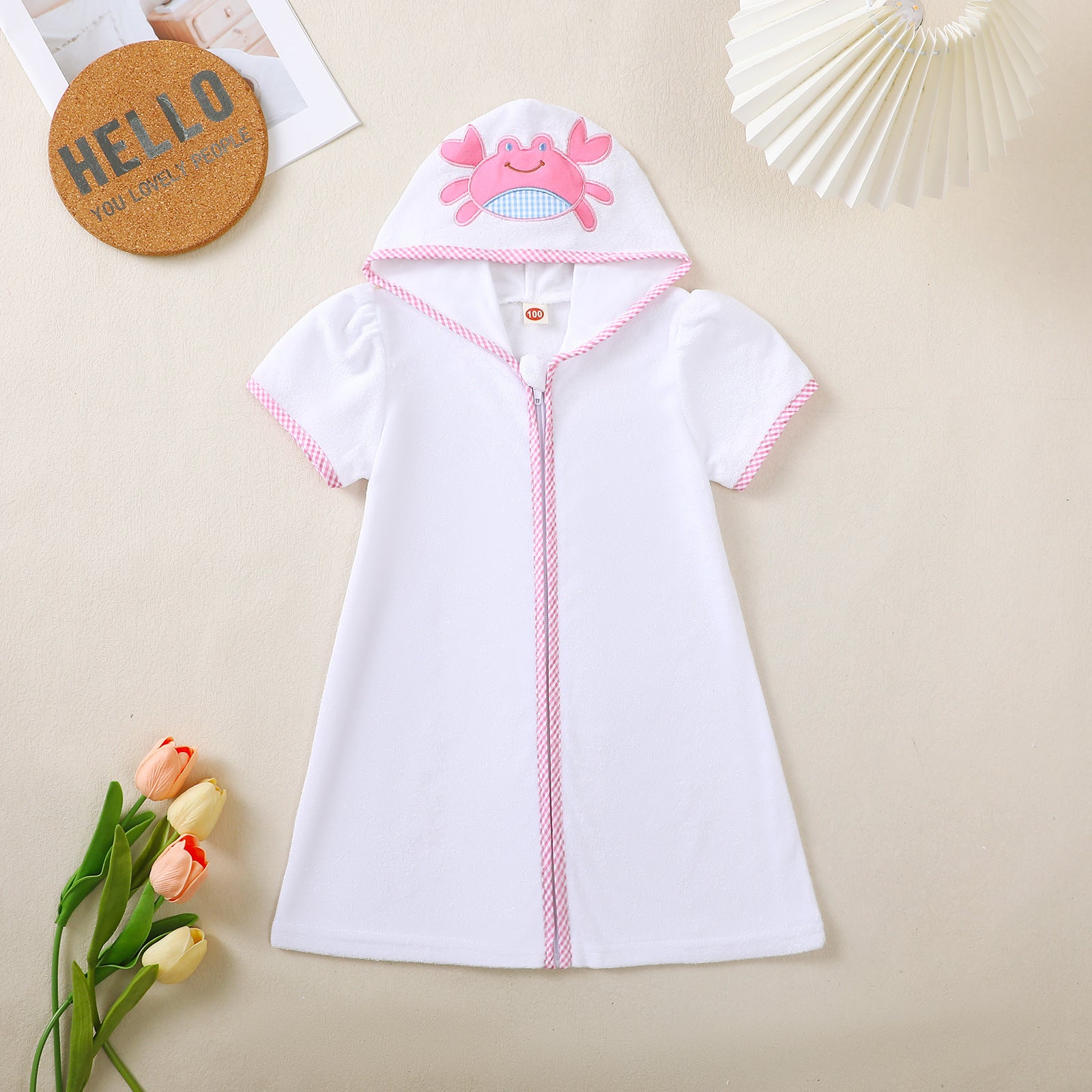 Summer Girls' Hooded Romper Crab Kids Swim Embroidered Cover-Up Baby Beach Towel Bathrobe