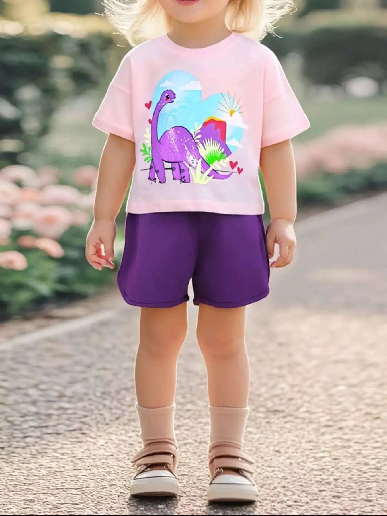Kids blush pink dinosaur graphic short-sleeve T-shirt with colorful print