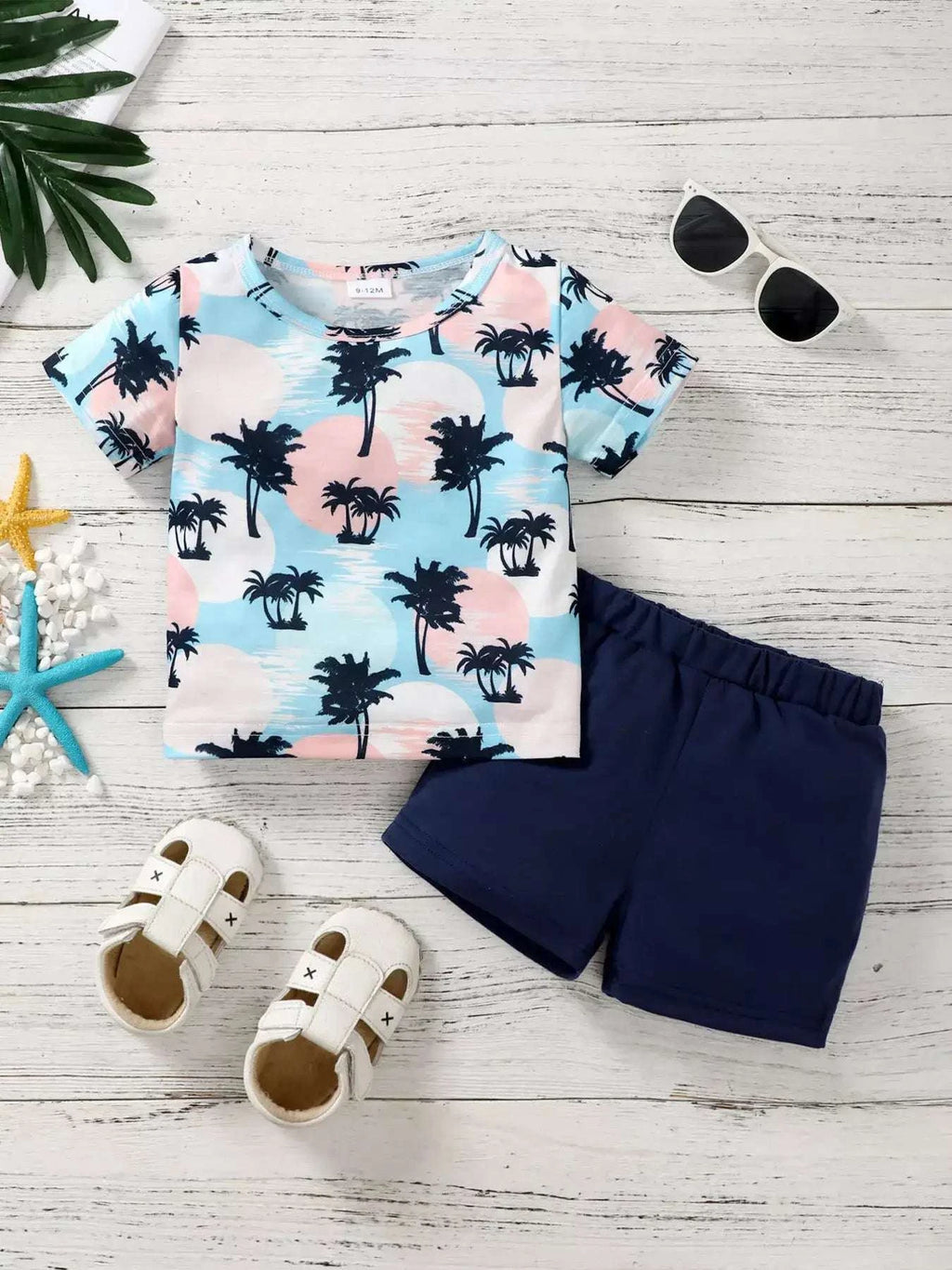 Kids palm print tee with light blue top and navy elastic-waist shorts set