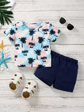 Kids palm print tee with light blue top and navy elastic-waist shorts set