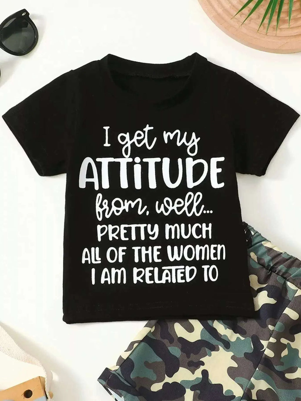 Kids black graphic tee and camouflage shorts set, "I get my ATTITUDE..."