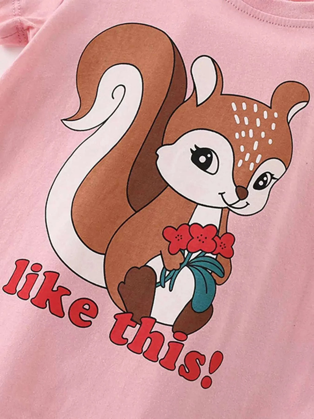 Blush pink kids T-shirt with squirrel graphic and "like this!" lettering