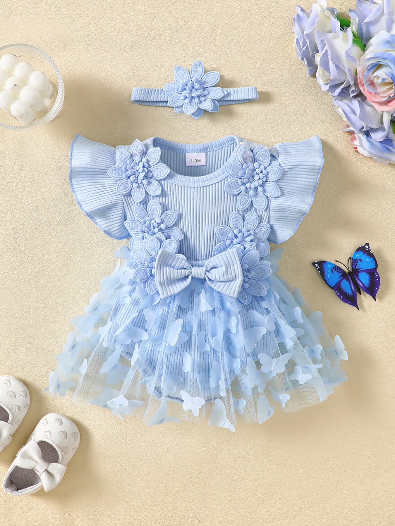 Cute Mesh Baby Romper Summer Sleeveless Ribbed Onesie with 3D Butterfly Design