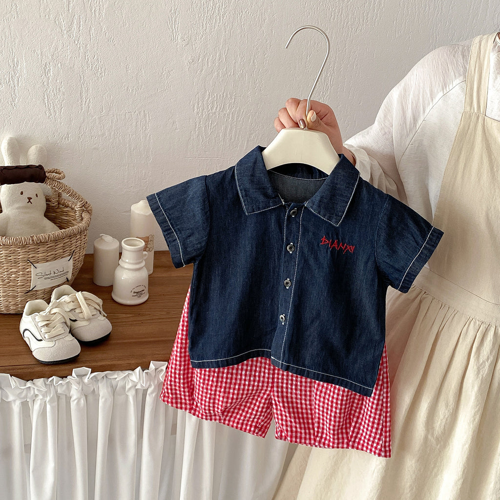 Baby Casual Simple Denim Shirt Set, Boys' Summer New Short Sleeve Checkered Pants Two-Piece Set