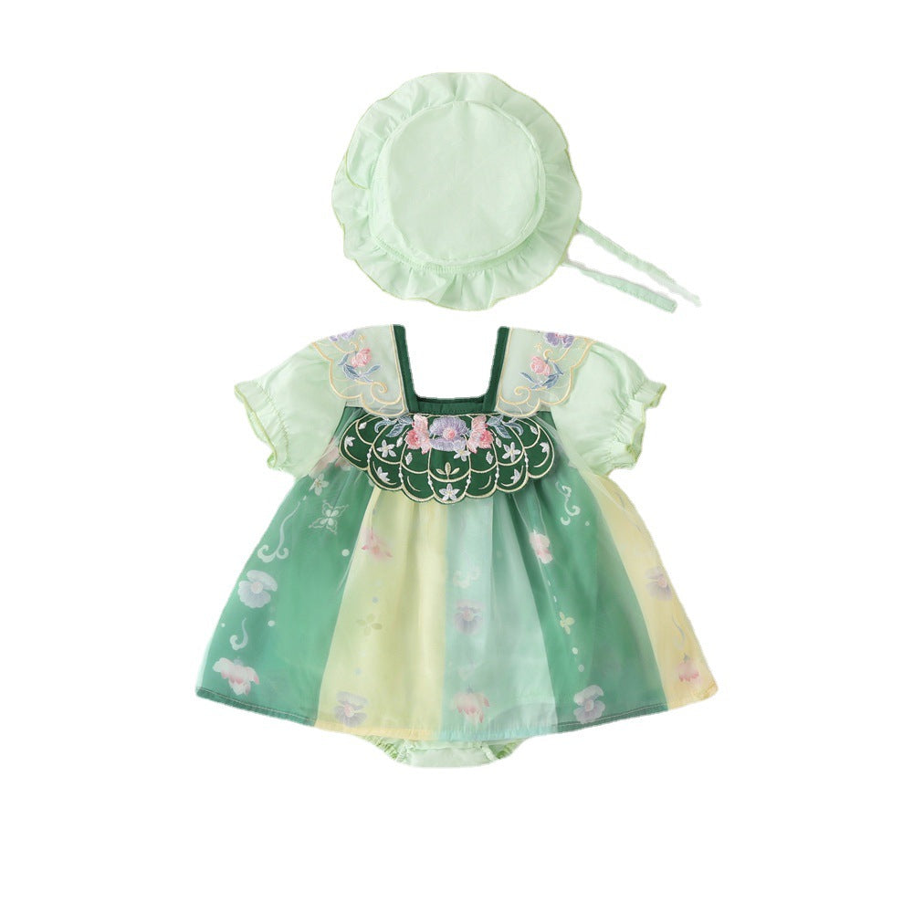 Summer Girls' Short Sleeve Retro Baby Hanfu Strapless Baby Romper, Baby Tang Suit Romper Dress