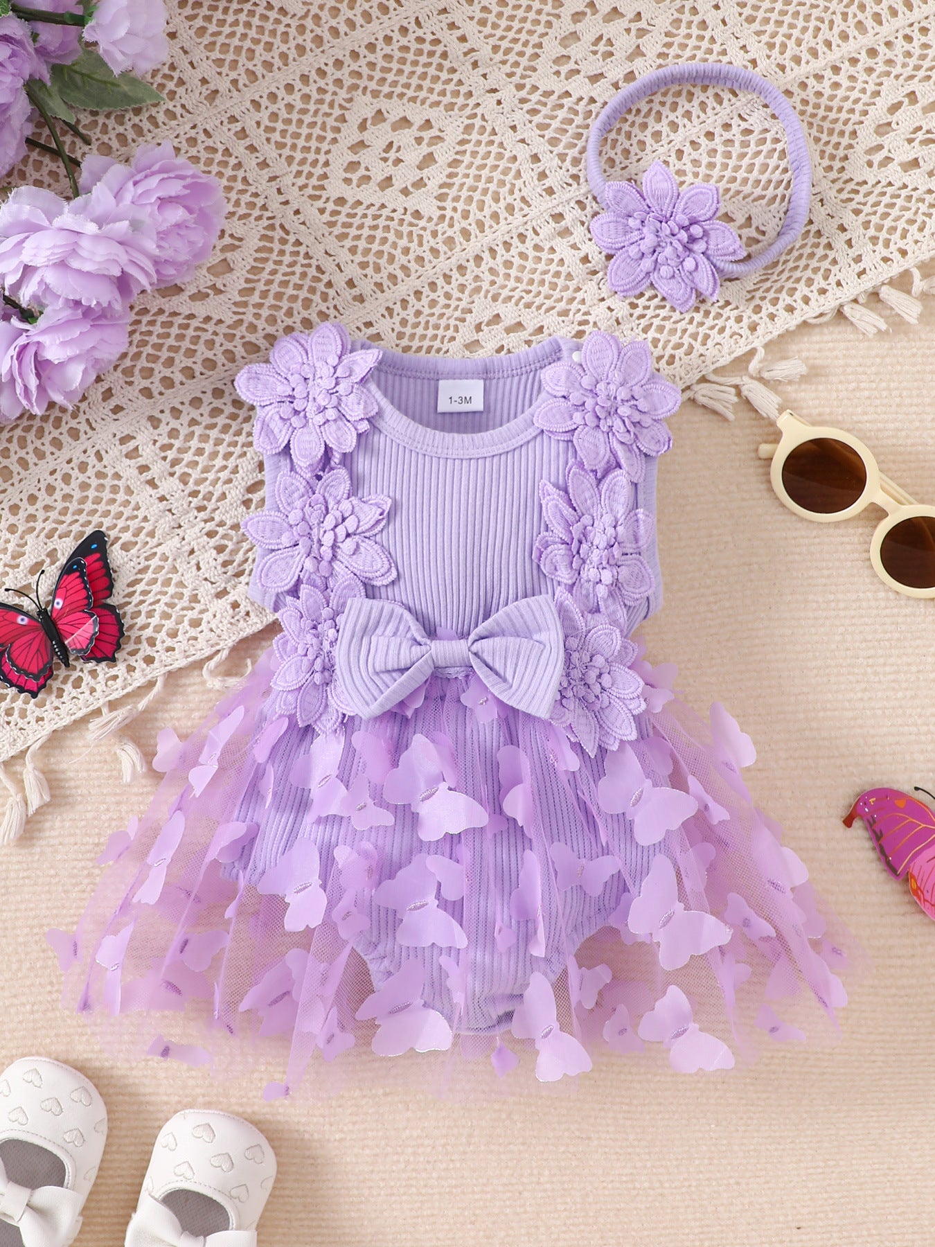 Cotton Baby Romper with Stripes and Butterfly Design, Sleeveless One-Piece Outfit with Headband for Girls, Summer Casual Wear