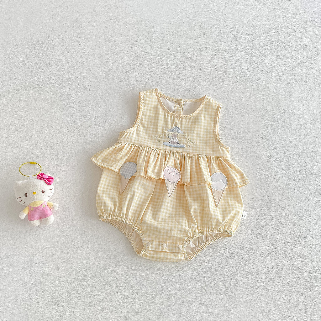 Cute Cartoon Checkered Sleeveless Romper for Baby GirlsFashionable Breathable Onesie