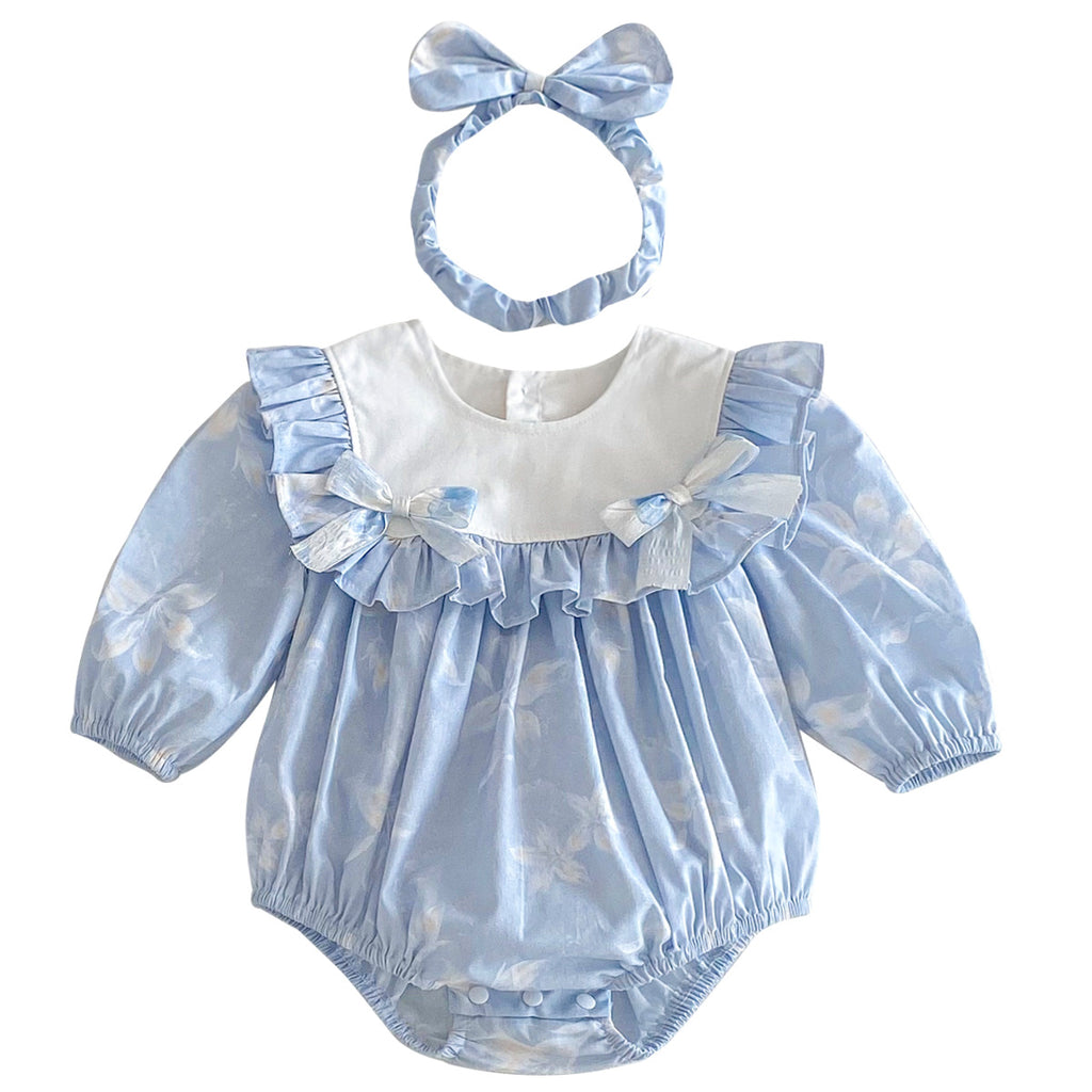 Cute Baby Girl Bodysuit with Blue Bow Dress, Spring Sister Outfit for Toddlers
