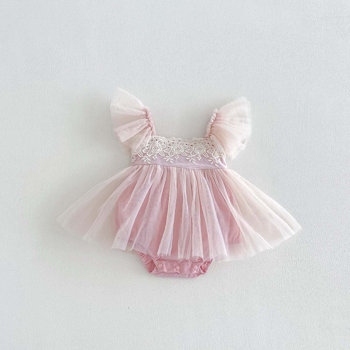 Baby Summer Lace Trim Flutter Sleeve Bodysuit Dress, Girl Baby Full Moon First Birthday Princess Dress, Tulle Dress