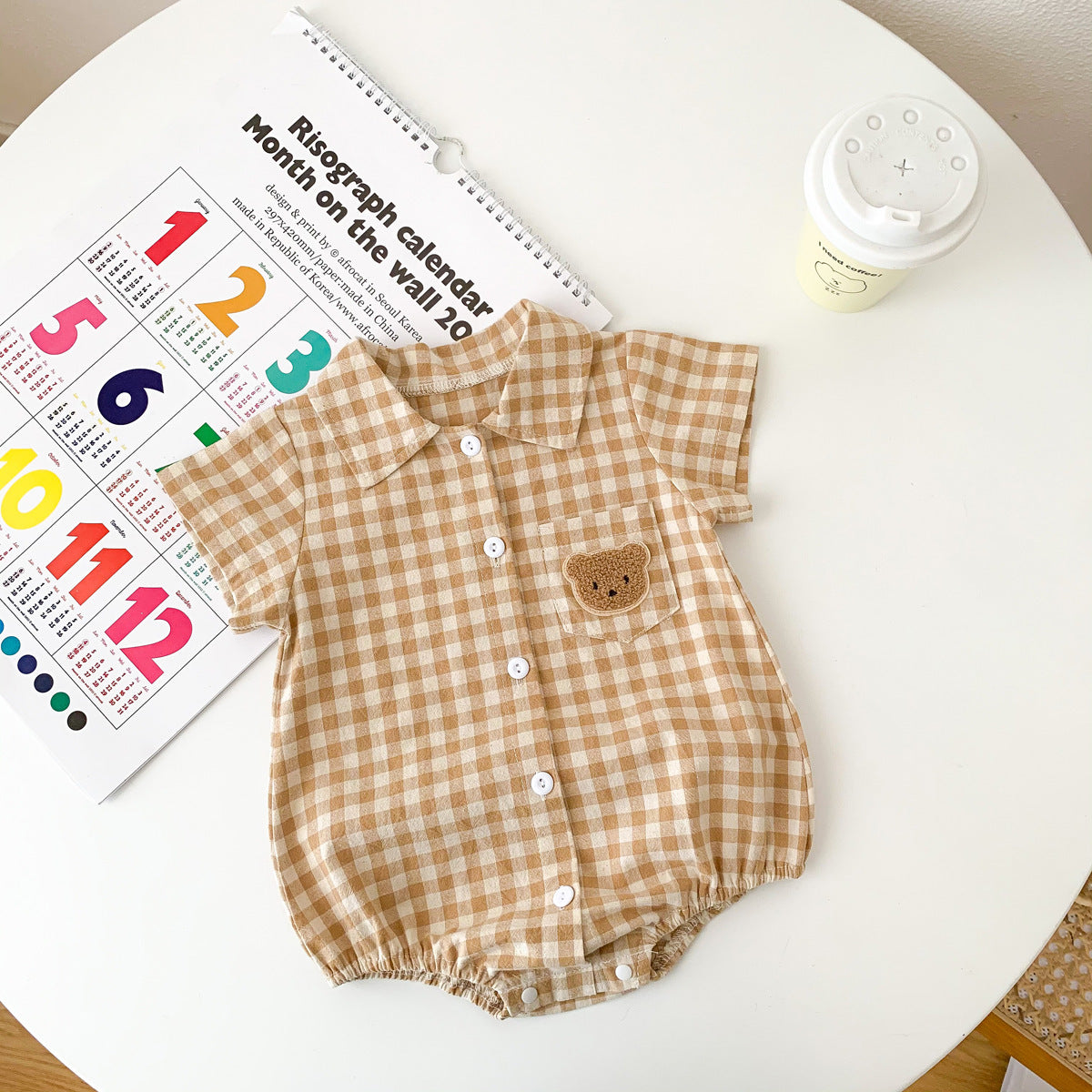 Summer Boy's Gentleman Collar Romper with Plaid Bear Pattern Lightweight Baby Onesie