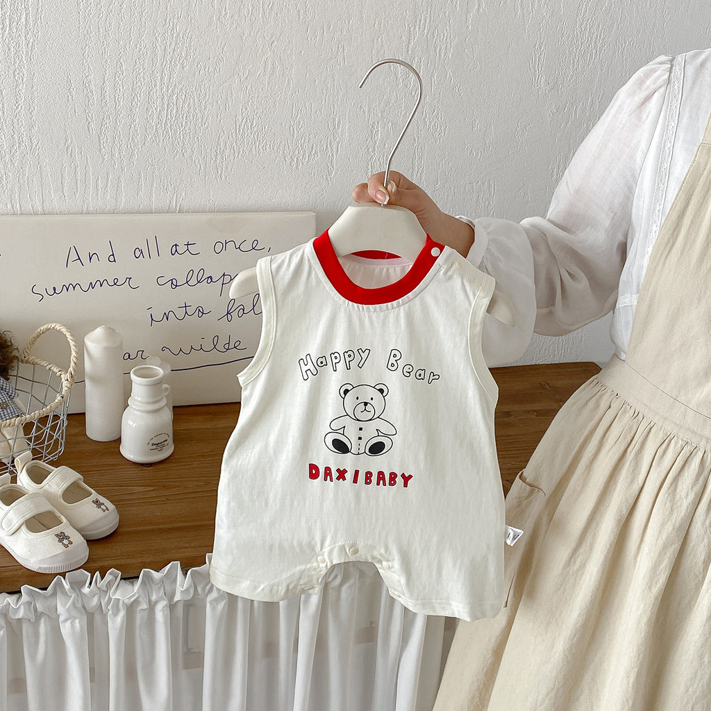 Cute Cartoon Bear Print Baby Romper Knitted Sleeveless Bodysuit for Summer, Fashionable Infant One-Piece Clothes