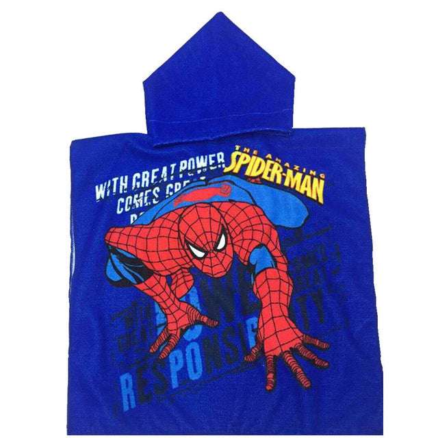Kids hooded beach towel, royal blue Spider-Man webbed hero print