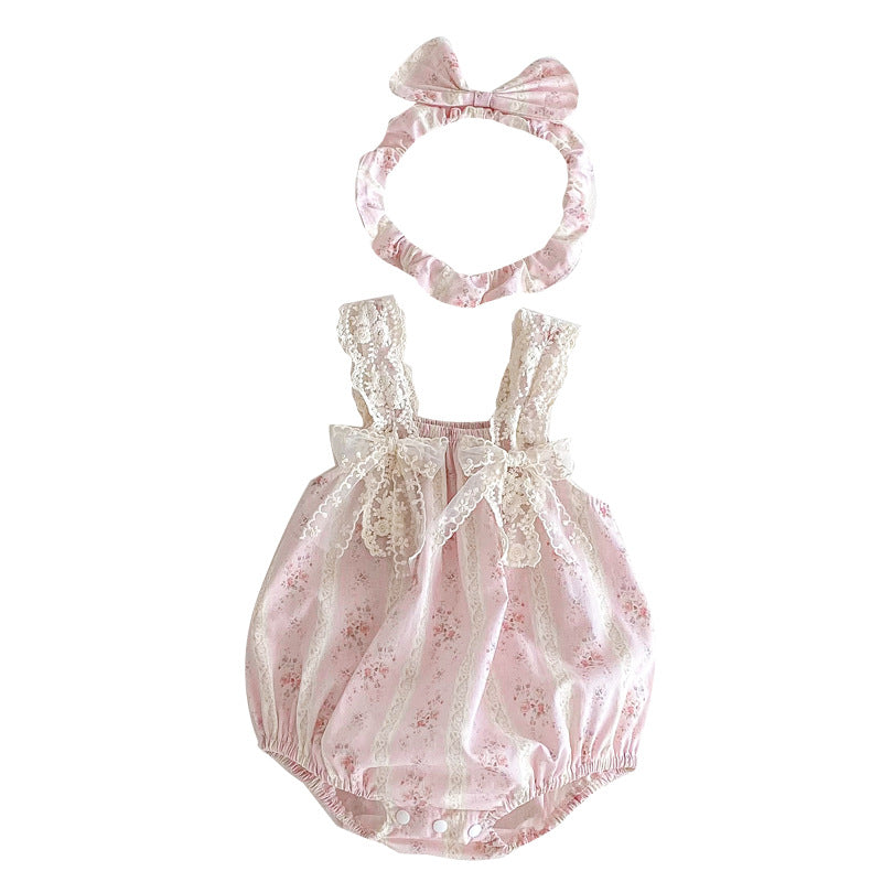 Cute Floral Baby Girl Romper with Lace Butterfly Ties Sleeveless Dress for Summer