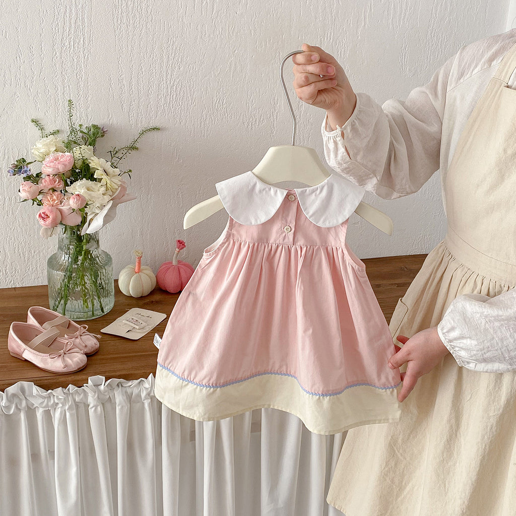 Summer New Style Baby Sweet Cartoon Cotton Backless Dress, Baby Charming Peter Pan Collar Dress