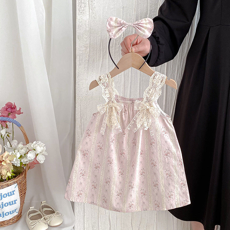 Cute Floral Baby Girl Romper with Lace Butterfly Ties Sleeveless Dress for Summer