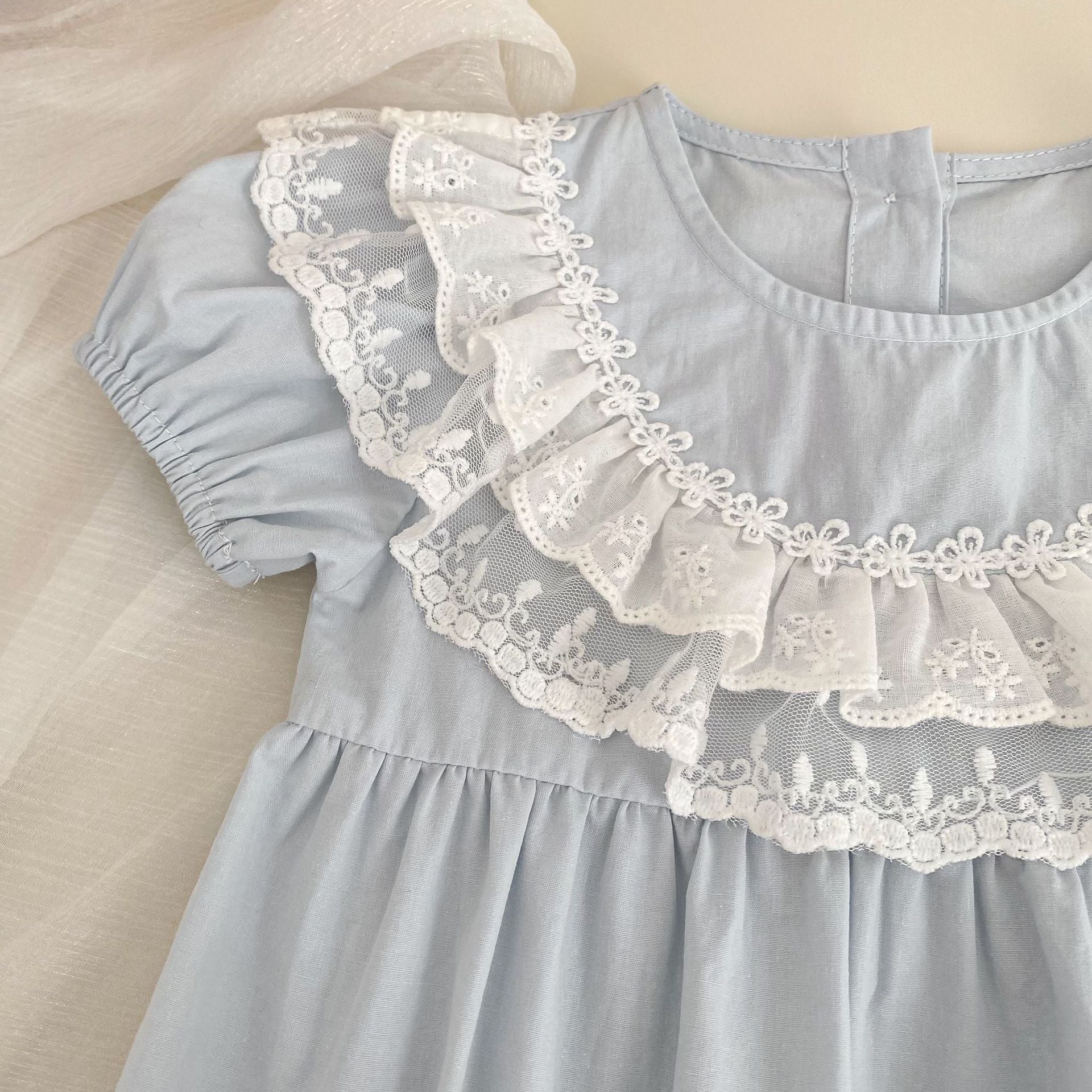 Baby Summer Romper New Style Puff Sleeve Onesie Sweet Lace Bib Overall Girl Baby 100-Day Crawling Outfit