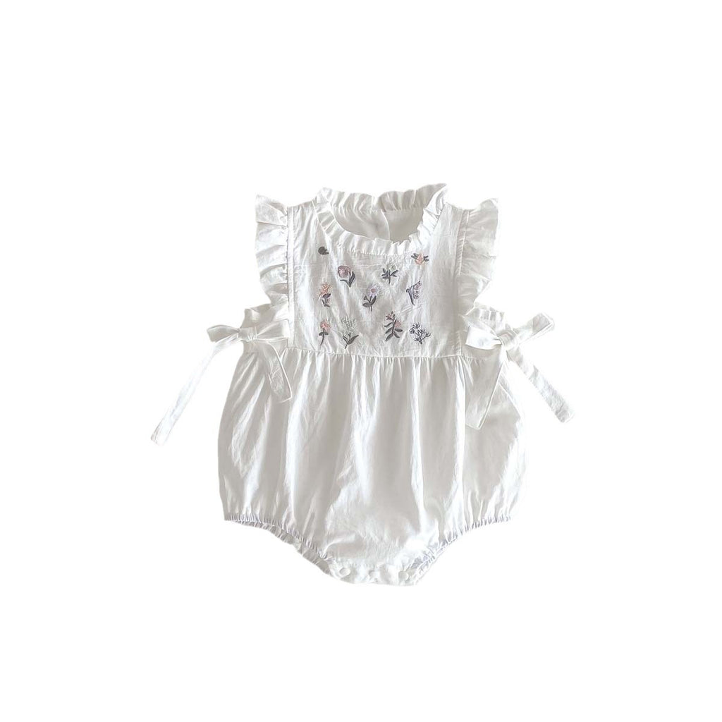 Summer Style Baby Embroidered Side Bow Romper, Girl's Charming Ruffle Sleeve Onesie