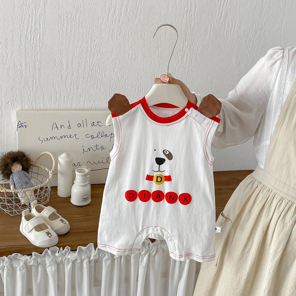 Baby Summer New Cartoon Dog Sleeveless Romper, Baby Casual Breathable Letter Romper