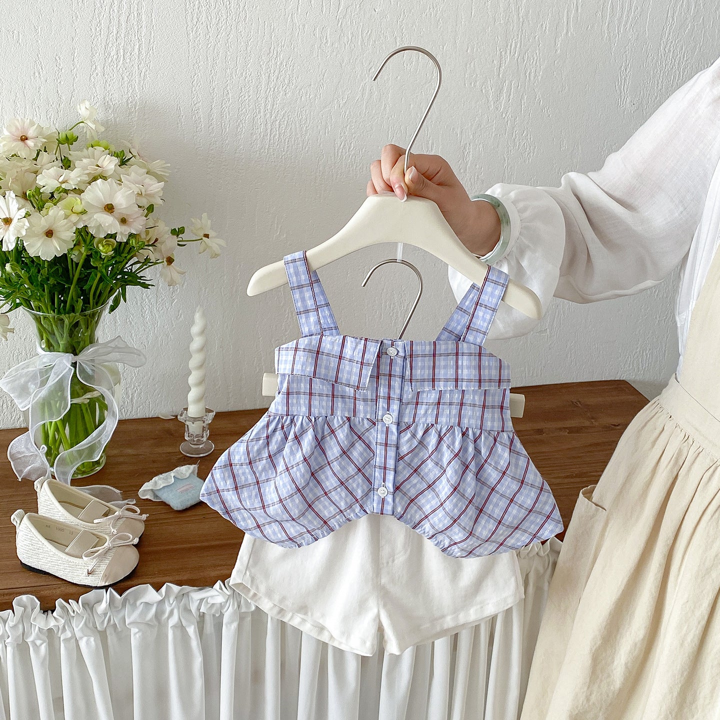 Plaid Strap Top and Lightweight Casual Cotton Shorts for Baby Girls