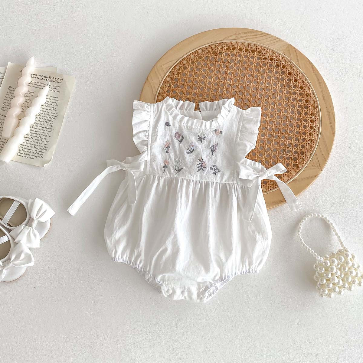 Summer Style Baby Embroidered Side Bow Romper, Girl's Charming Ruffle Sleeve Onesie