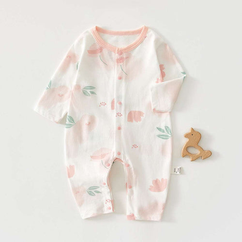 Baby thin long-sleeve jumpsuit, white base with pink and green floral pattern