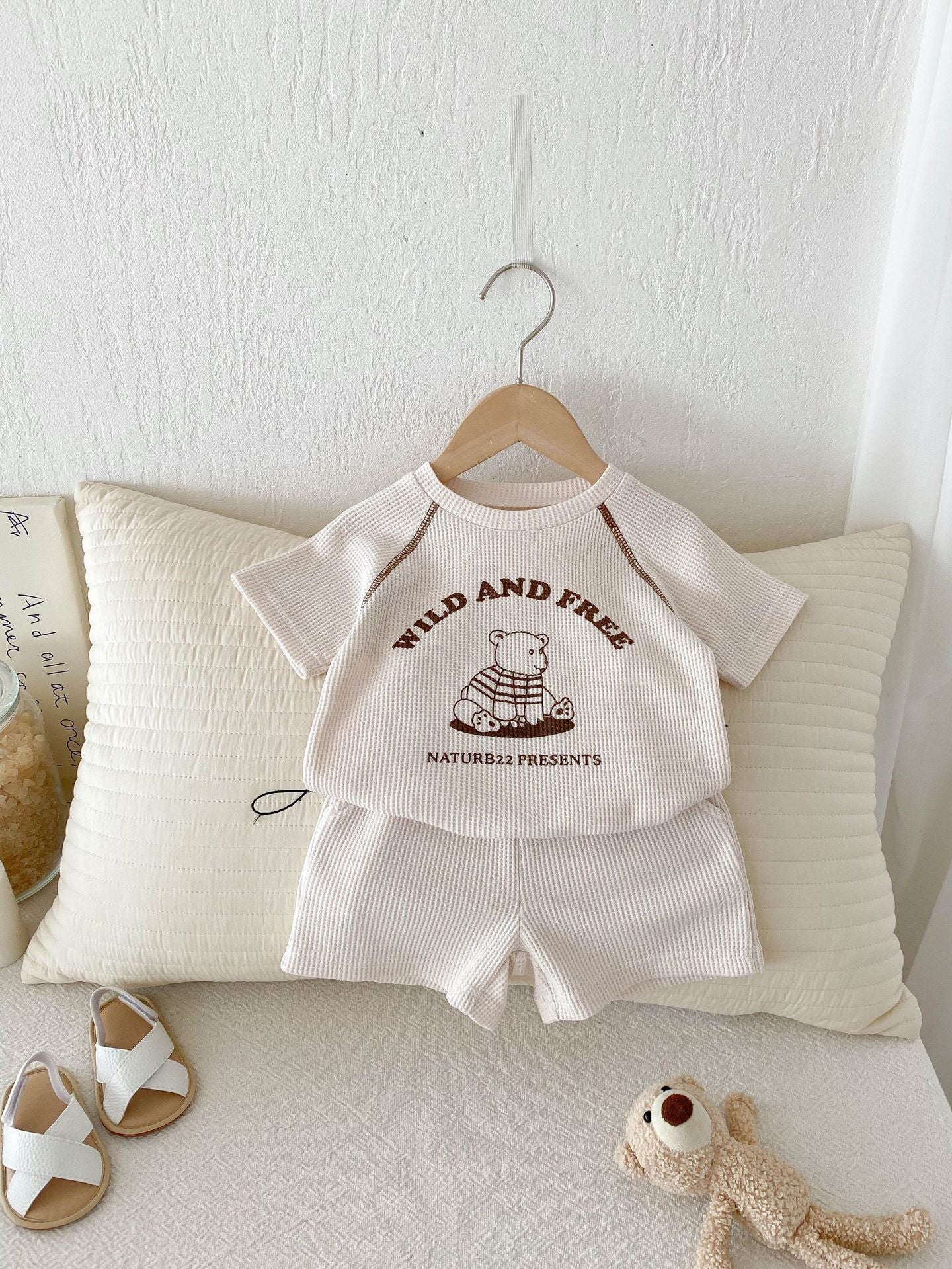 Infant and Toddler Clothes Set - Baby Summer Casual Waffle Knit Short Sleeve T-Shirt and Shorts Two-Piece Set