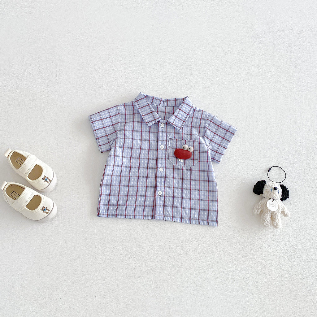 Summer New Infant and Toddler 3D Cartoon Checkered Short-Sleeve Shirt with Lightweight Work-Style Shorts Two-Piece Set